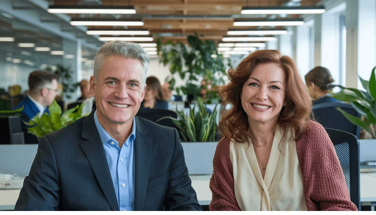 A male and female office worker under artificial light smiling A male and female office worker under artificial light smiling